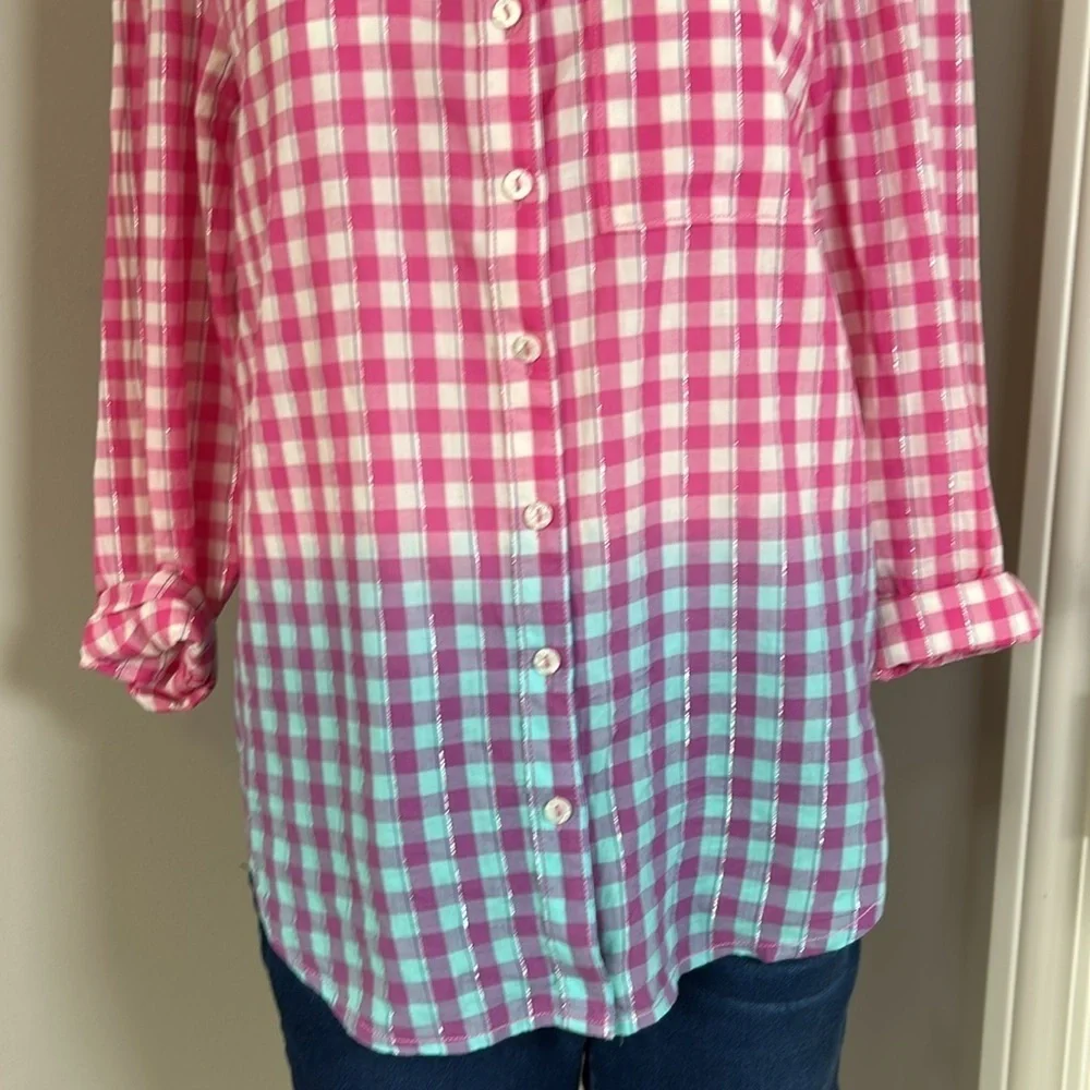 Anthropologie Pilcro Deb Gingham Button down Shirt Pink Blue Cotton Sz XS